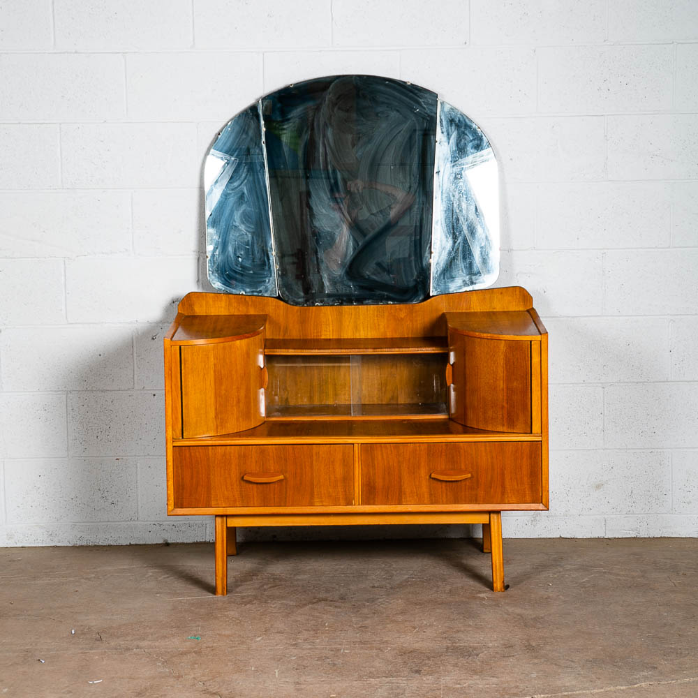 Mid Century Modern Vanity Dressing Table Walnut Drawers Mirror Glass Hunt Mcm - Image 10