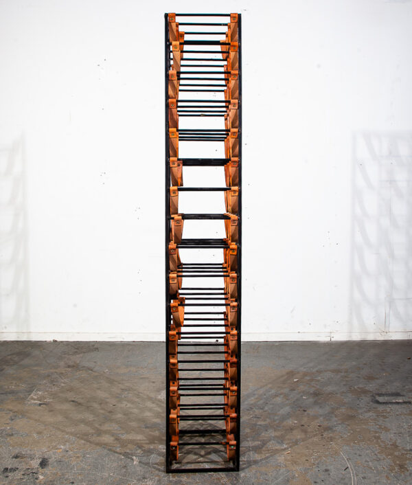 Mid Century Modern Wine Rack Arthur Umanoff Wrought Iron Leather Straps Wood Vintage 48 Bottles - Image 4