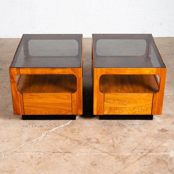 Mid Century Modern Nightstands End Side Tables Brown Saltman Drawer Smoked Glass Drawer Solid Walnut Pair - Image 2