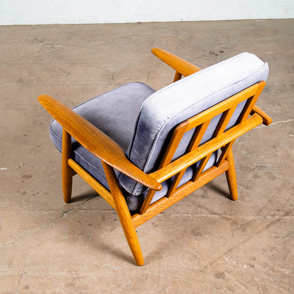 Mid Century Danish Modern Lounge Chair Hans Wegner Cigar GE-240 Blue Oak Arm Armchair Velour - Image 5