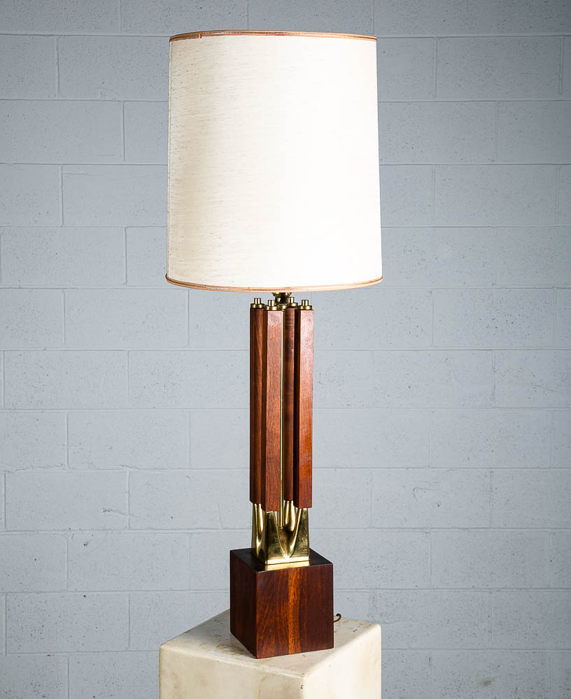 Mid Century Modern Table Lamp Sculptural Solid Walnut Wood Laurel Brass Large