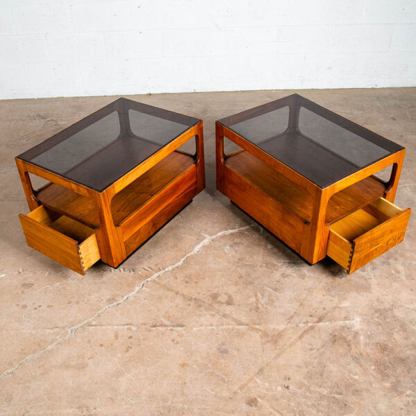 Mid Century Modern Nightstands End Side Tables Brown Saltman Drawer Smoked Glass Drawer Solid Walnut Pair - Image 5