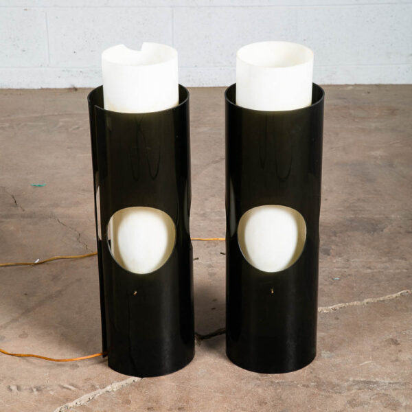 Mid Century Modern Table Lamp Set Pair Black White Plexiglass Light Round Space - Image 6