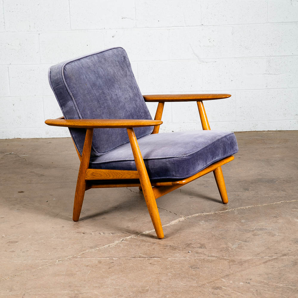 Mid Century Danish Modern Lounge Chair Hans Wegner Cigar GE-240 Blue Oak Arm Armchair Velour - Image 10