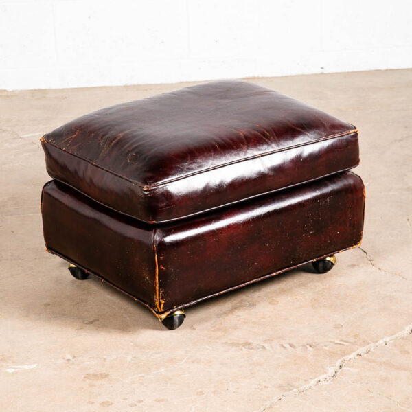 Mid Century Modern Ottoman Foot Stool Brown Leather Rolling Worn Vintage Mcm