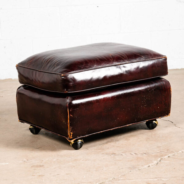 Mid Century Modern Ottoman Foot Stool Brown Leather Rolling Worn Vintage Mcm - Image 2