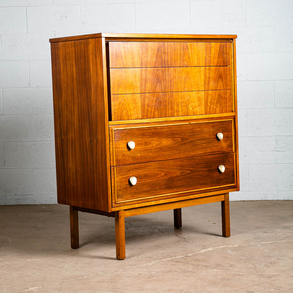 Mid Century Modern Dresser Highboy Walnut 5 Drawer Wood Brass Handle Dixie Mcm