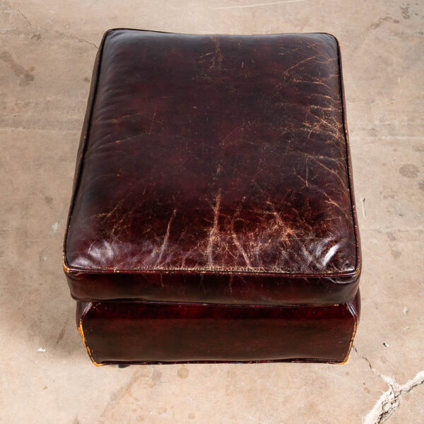 Mid Century Modern Ottoman Foot Stool Brown Leather Rolling Worn Vintage Mcm - Image 4