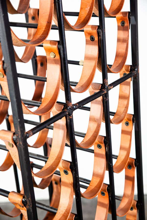 Mid Century Modern Wine Rack Arthur Umanoff Wrought Iron Leather Straps Wood Vintage 48 Bottles - Image 8