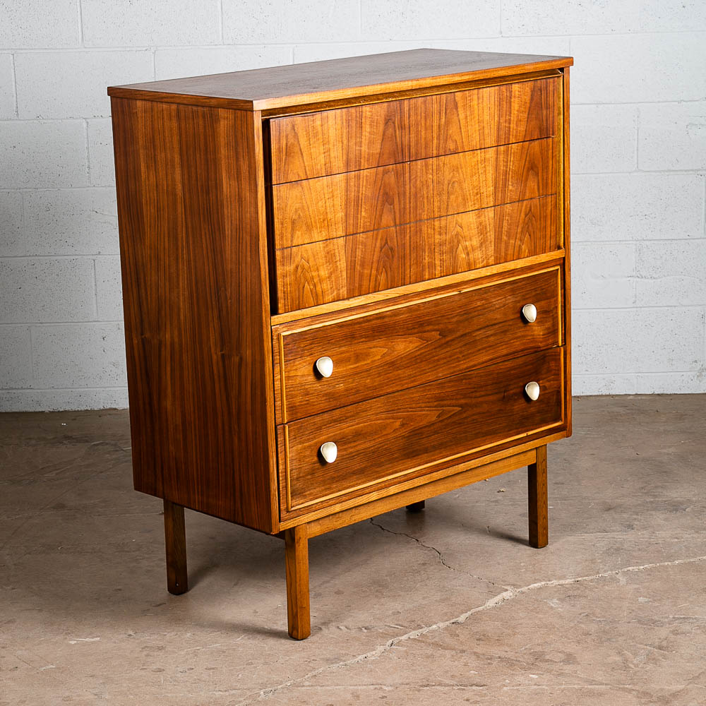 Mid Century Modern Dresser Highboy Walnut 5 Drawer Wood Brass Handle Dixie Mcm - Image 9
