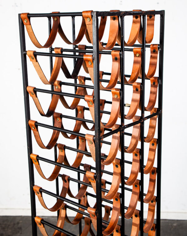 Mid Century Modern Wine Rack Arthur Umanoff Wrought Iron Leather Straps Wood Vintage 48 Bottles - Image 12
