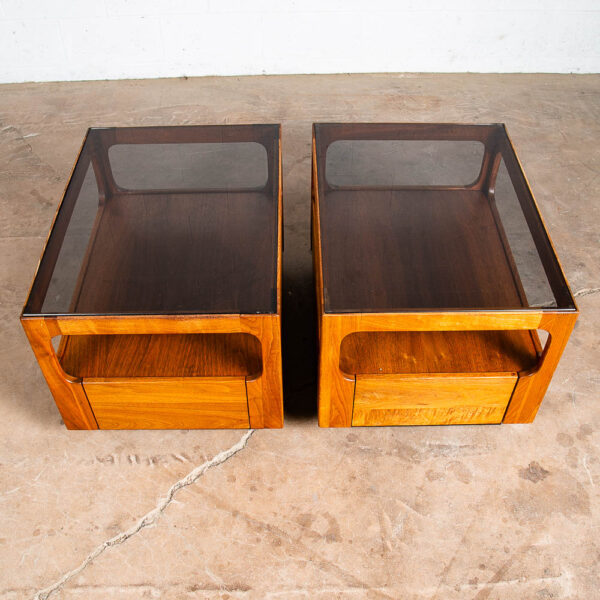 Mid Century Modern Nightstands End Side Tables Brown Saltman Drawer Smoked Glass Drawer Solid Walnut Pair - Image 6