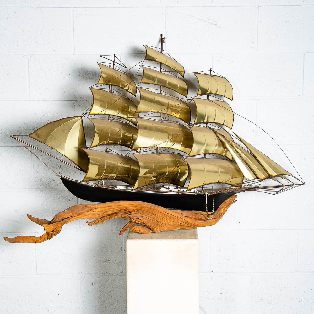 Mid Century Modern Wall Hanging Original Art C Curtis Jere Ship Boat Brass Wood - Image 10