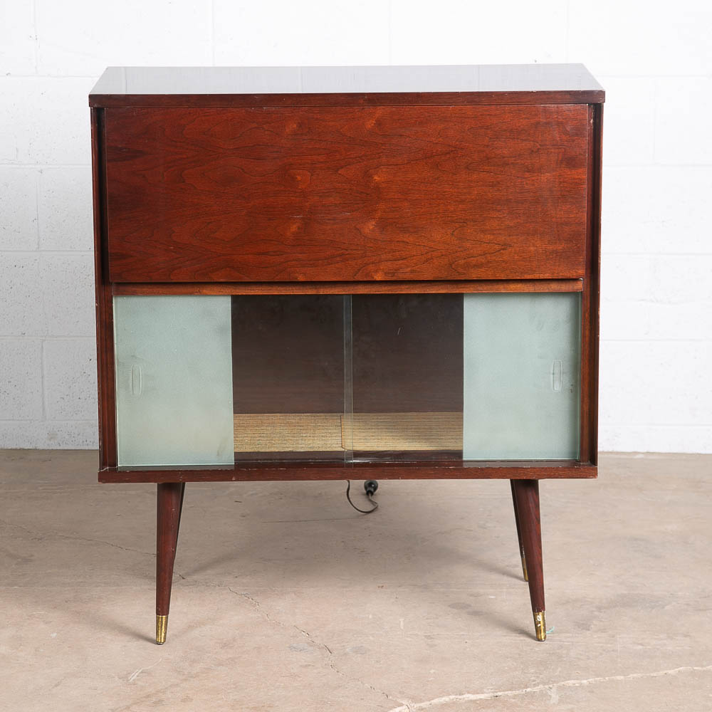 Mid Century Modern Bar Liquor Storage Glass Shelf Drop Down Cocktail Walnut Mcm - Image 2