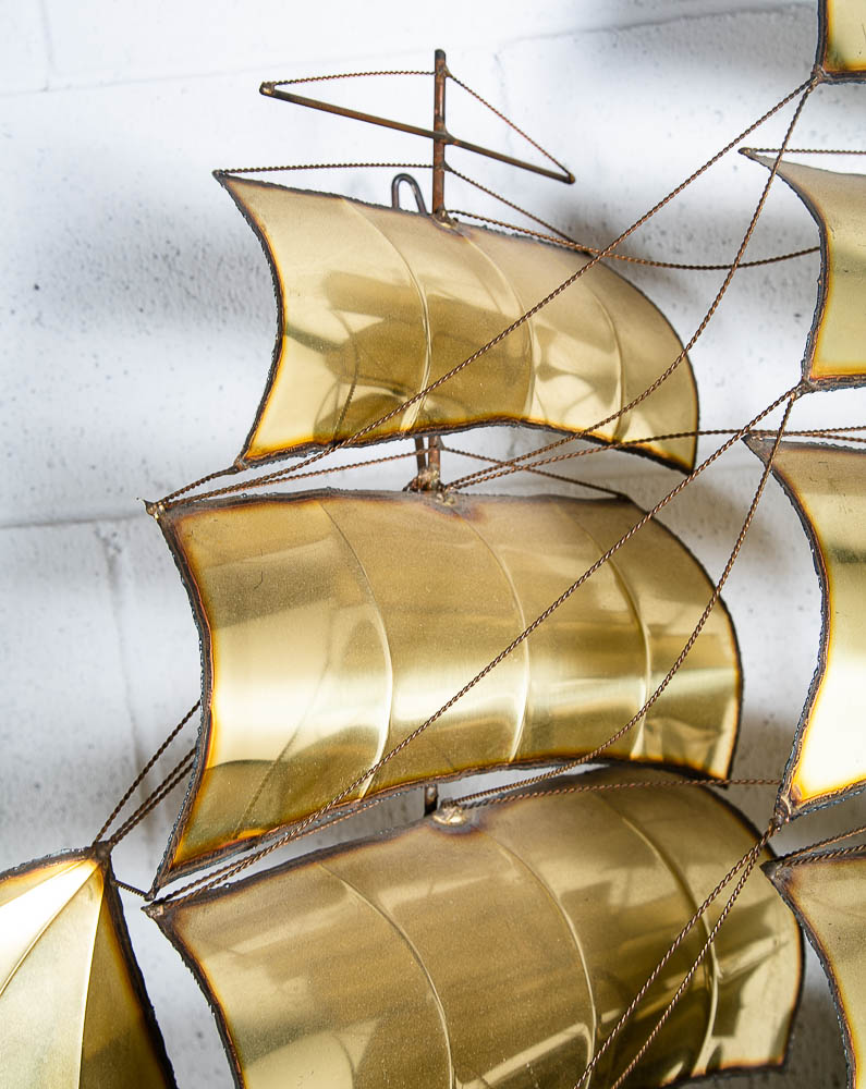 Mid Century Modern Wall Hanging Original Art C Curtis Jere Ship Boat Brass Wood - Image 6