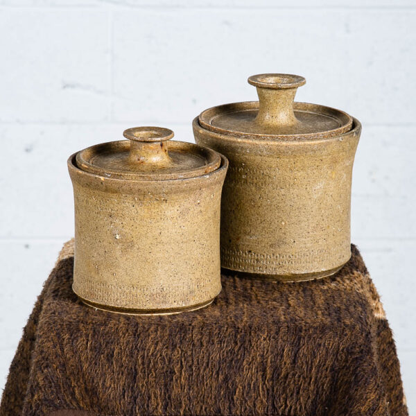 Mid Century Modern Lidded Pot Set Tan Brown Round Studio Ceramic Pottery Lids 2 - Image 2