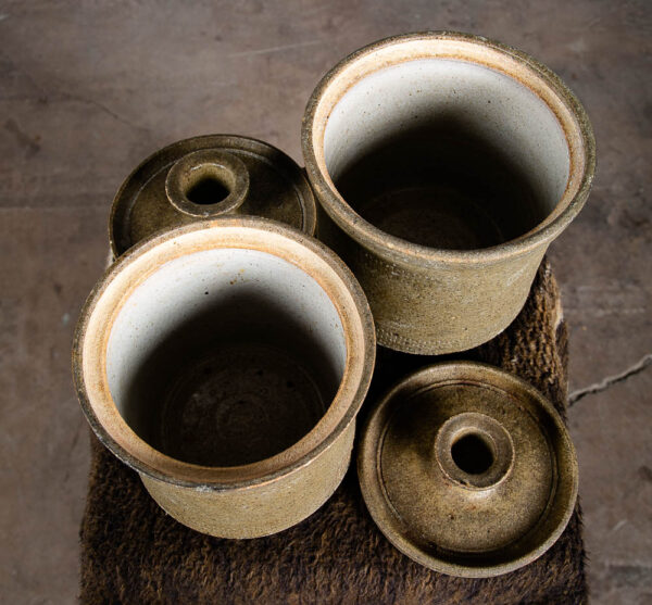 Mid Century Modern Lidded Pot Set Tan Brown Round Studio Ceramic Pottery Lids 2 - Image 3