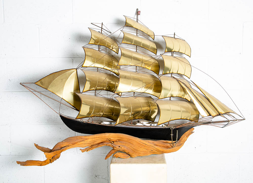 Mid Century Modern Wall Hanging Original Art C Curtis Jere Ship Boat Brass Wood