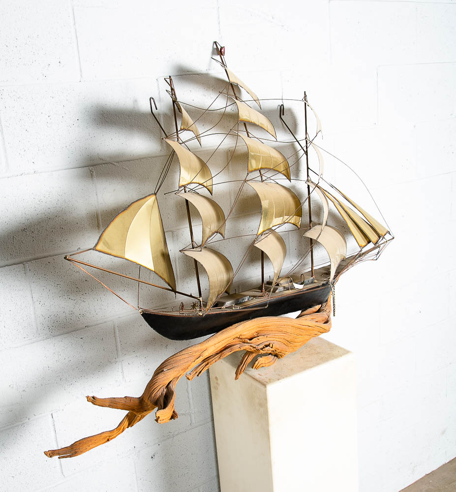 Mid Century Modern Wall Hanging Original Art C Curtis Jere Ship Boat Brass Wood - Image 4