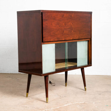 Mid Century Modern Bar Liquor Storage Glass Shelf Drop Down Cocktail Walnut Mcm