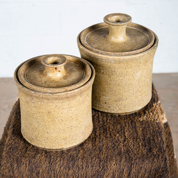 Mid Century Modern Lidded Pot Set Tan Brown Round Studio Ceramic Pottery Lids 2