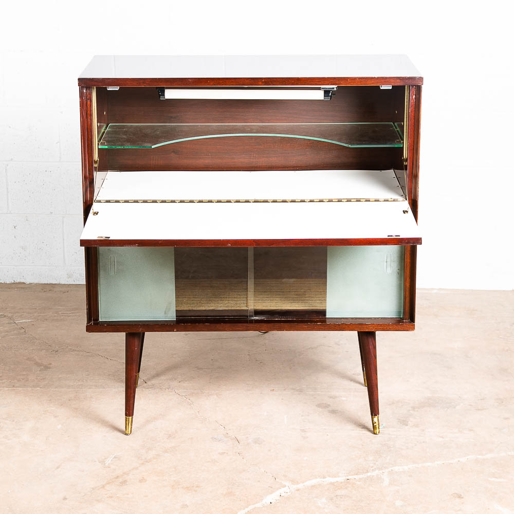 Mid Century Modern Bar Liquor Storage Glass Shelf Drop Down Cocktail Walnut Mcm - Image 3