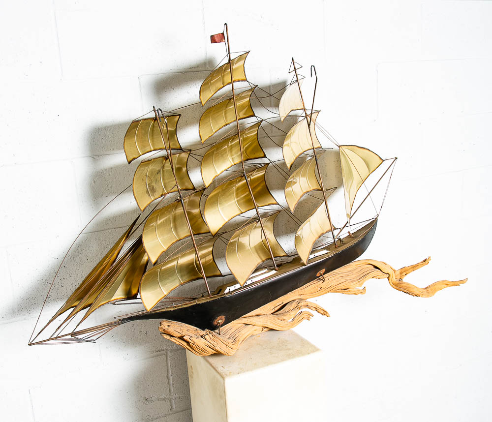 Mid Century Modern Wall Hanging Original Art C Curtis Jere Ship Boat Brass Wood - Image 3