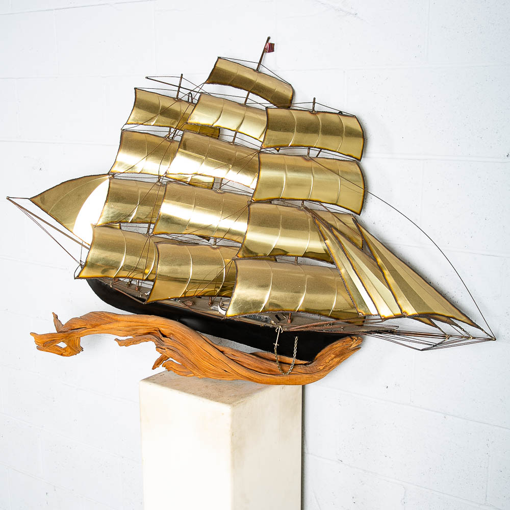Mid Century Modern Wall Hanging Original Art C Curtis Jere Ship Boat Brass Wood - Image 2