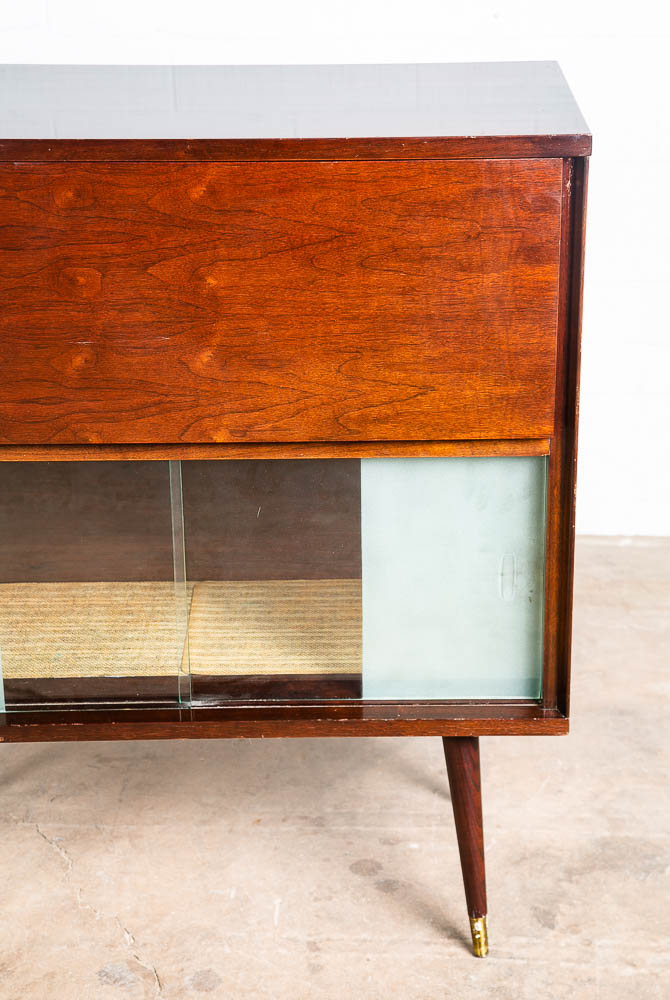 Mid Century Modern Bar Liquor Storage Glass Shelf Drop Down Cocktail Walnut Mcm - Image 10