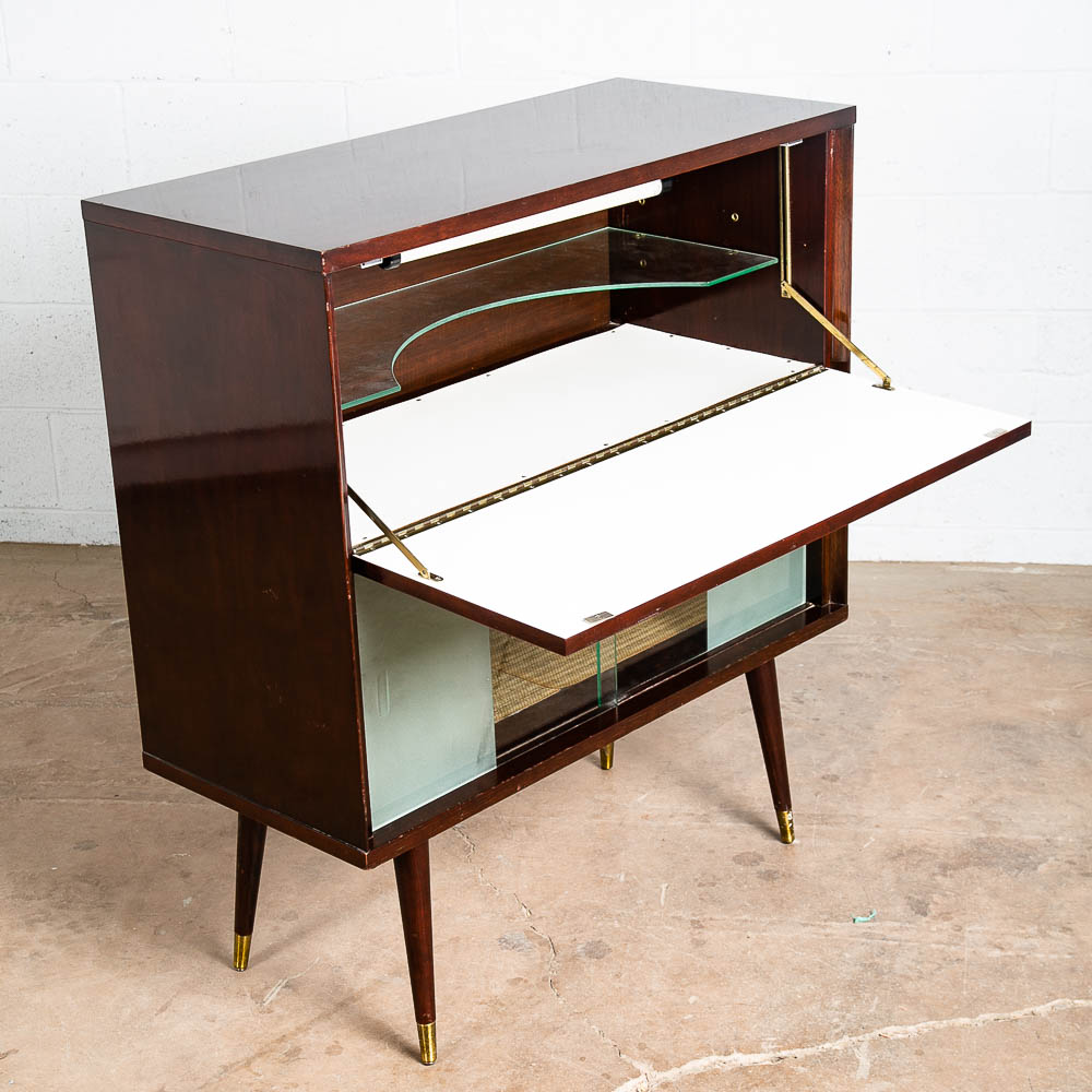 Mid Century Modern Bar Liquor Storage Glass Shelf Drop Down Cocktail Walnut Mcm - Image 4