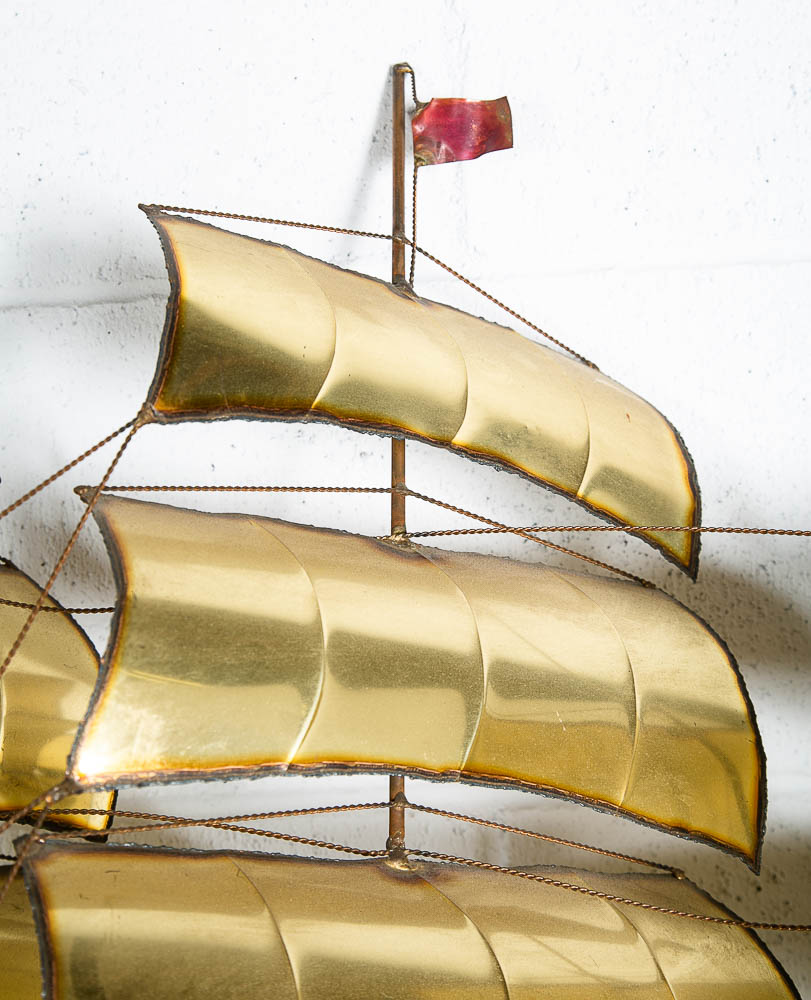 Mid Century Modern Wall Hanging Original Art C Curtis Jere Ship Boat Brass Wood - Image 9