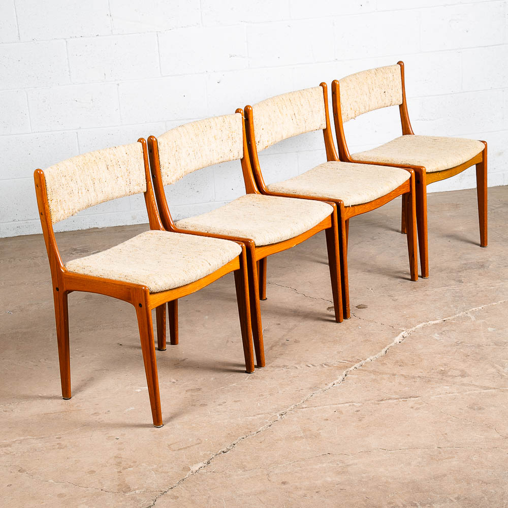 Mid Century Danish Modern Dining Chairs Set 4 Teak Wool Oatmeal Vamdrup Denmark