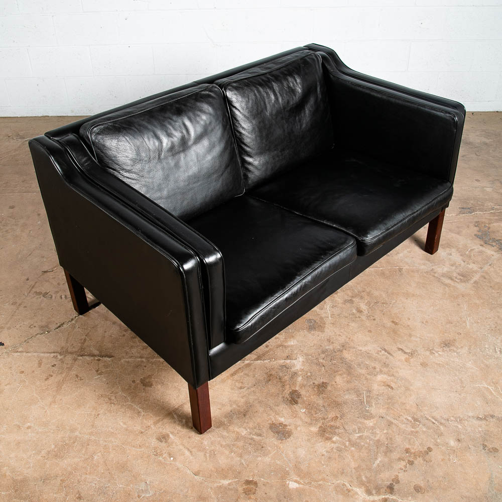 Mid Century Danish Modern Sofa Couch 2 Seat Vejen Mobler Black Leather Settee - Image 2