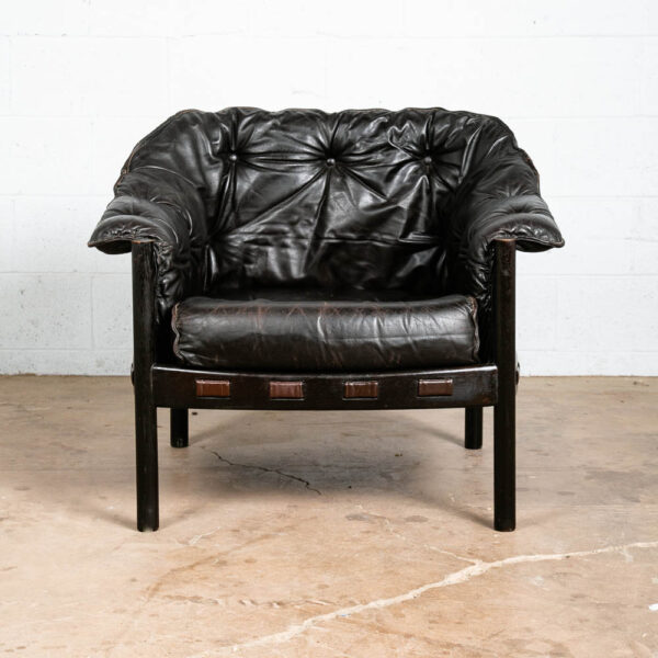 Mid Century Danish Modern Lounge Chair Black Leather Arne Norell Oak Armchair VG - Image 2