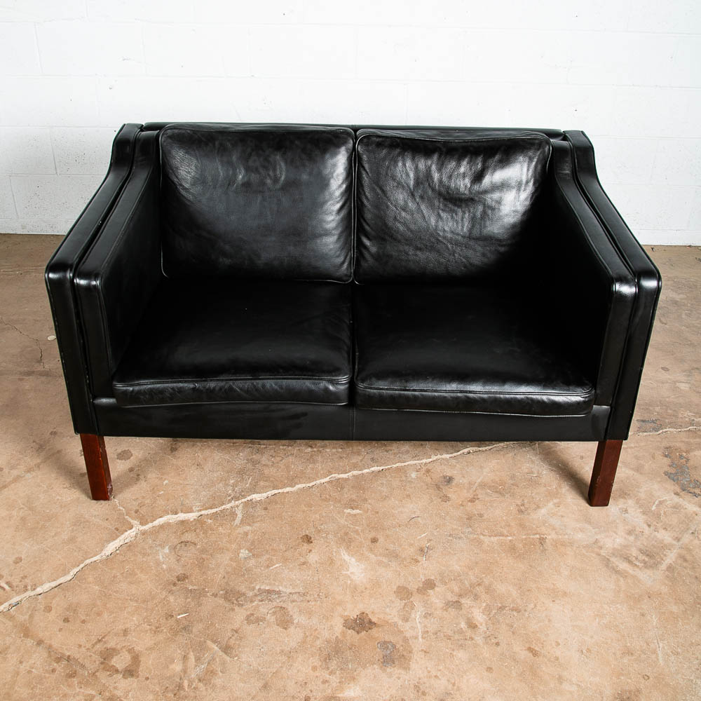 Mid Century Danish Modern Sofa Couch 2 Seat Vejen Mobler Black Leather Settee - Image 8