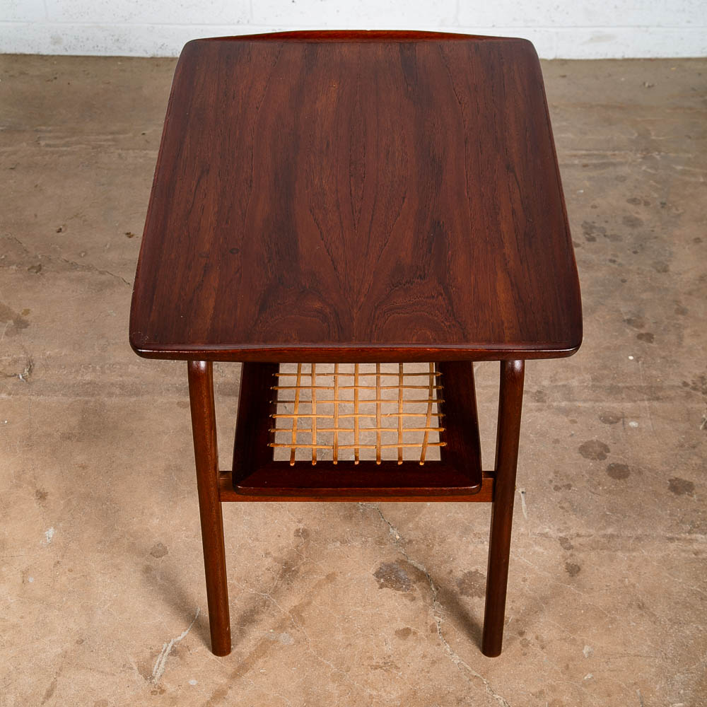 Mid Century Danish Modern End Side Table Arne Hovmand Olsen Teak Cane Shelf Mcm - Image 9