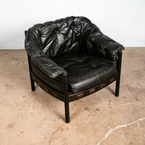 Mid Century Danish Modern Lounge Chair Black Leather Arne Norell Oak Armchair VG - Image 3
