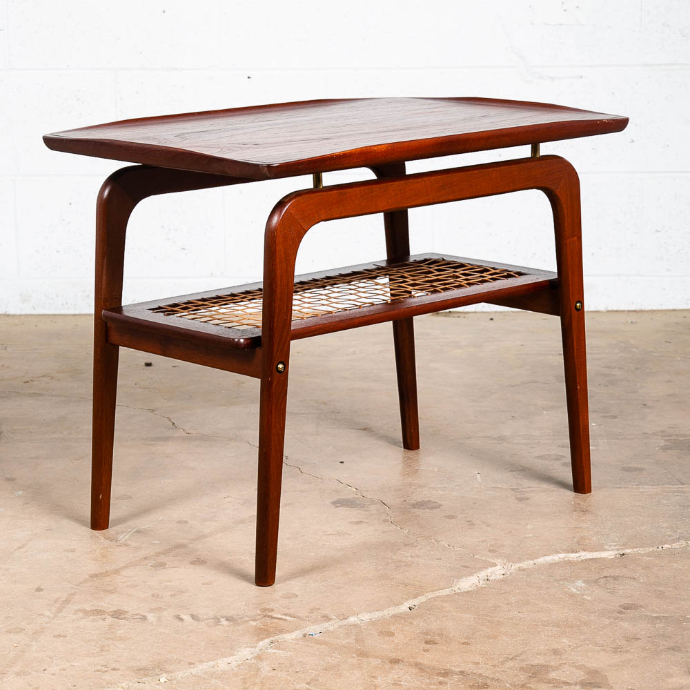 Mid Century Danish Modern End Side Table Arne Hovmand Olsen Teak Cane Shelf Mcm - Image 2