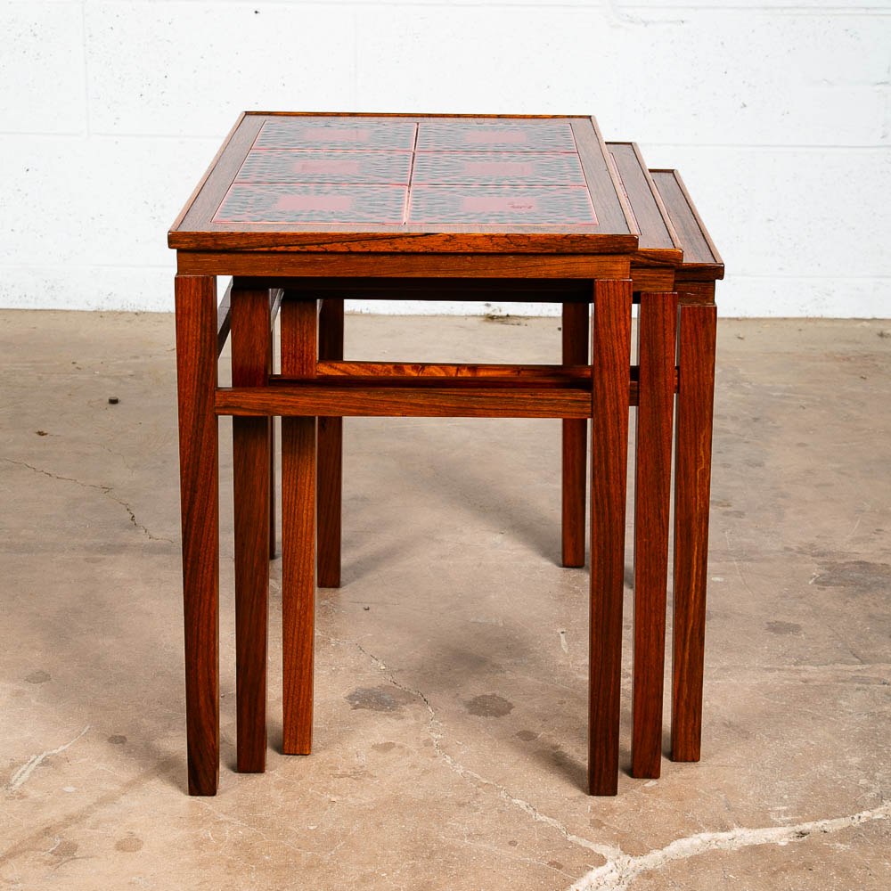 Mid Century Danish Modern Nesting Tables Rosewood Ceramic Tile Red Black Set 3 - Image 10