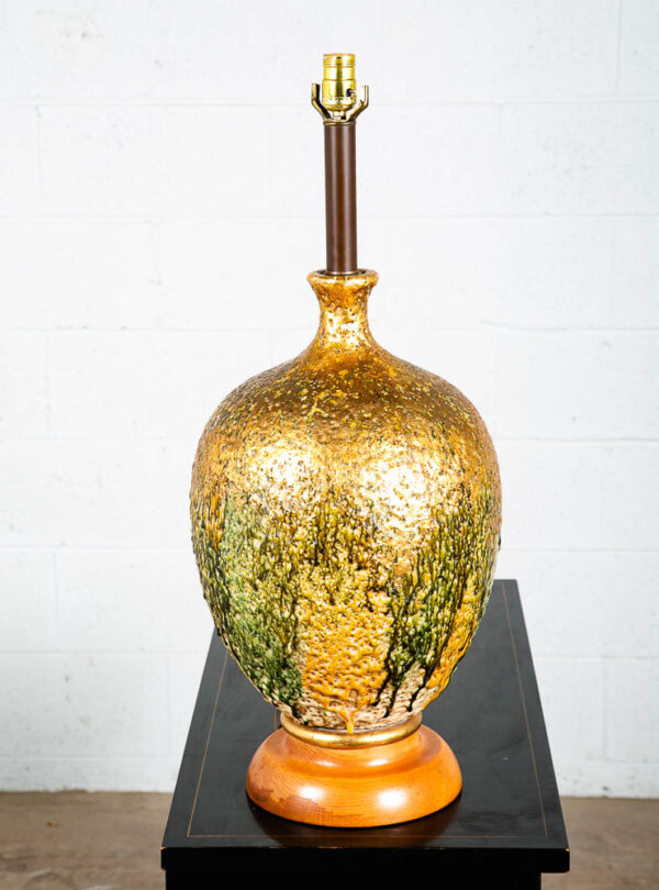 Mid Century Modern Table Lamp Green Gold Light Vintage Drip Ceramic Mcm Round