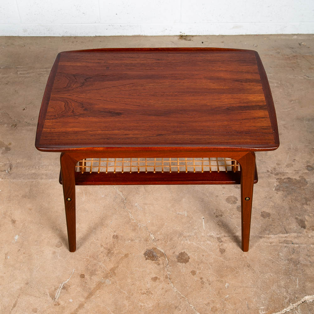 Mid Century Danish Modern End Side Table Arne Hovmand Olsen Teak Cane Shelf Mcm - Image 4