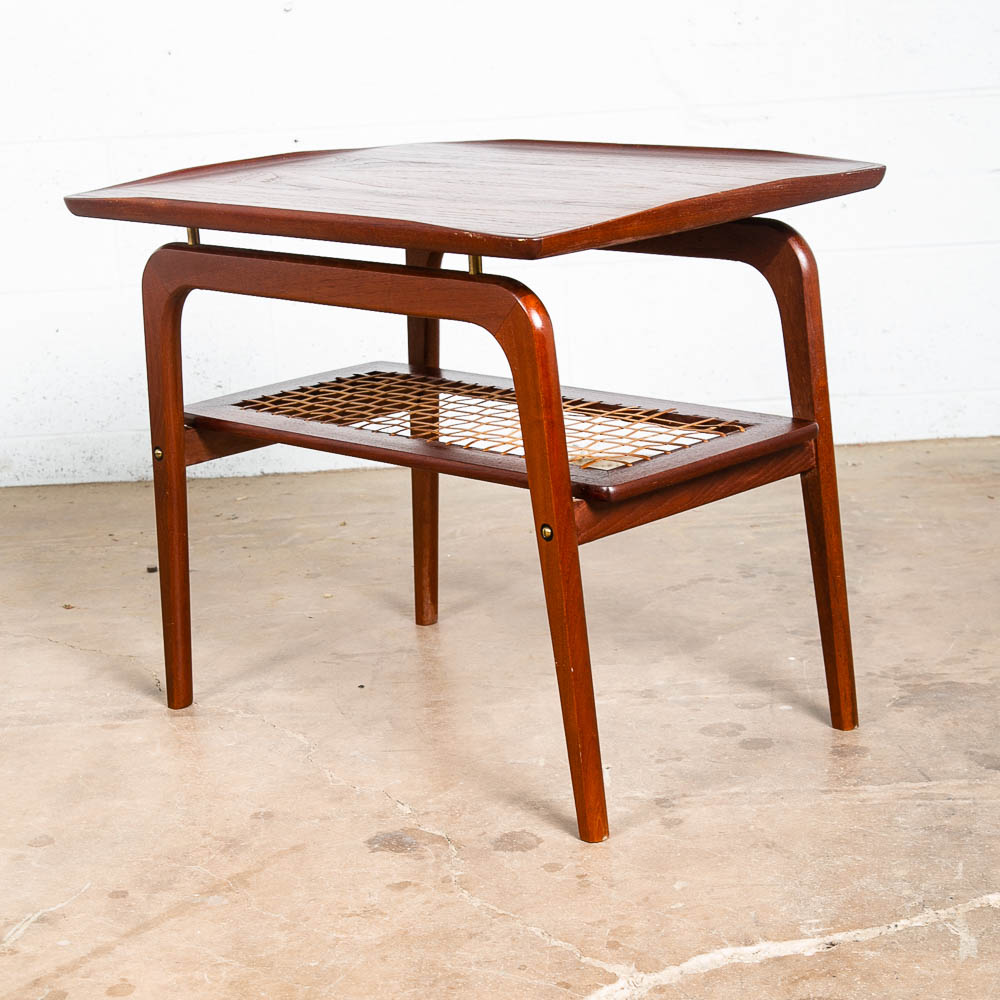 Mid Century Danish Modern End Side Table Arne Hovmand Olsen Teak Cane Shelf Mcm - Image 6
