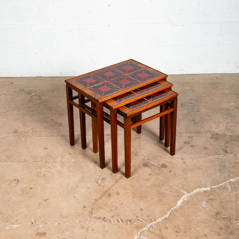 Mid Century Danish Modern Nesting Tables Rosewood Ceramic Tile Red Black Set 3 - Image 5