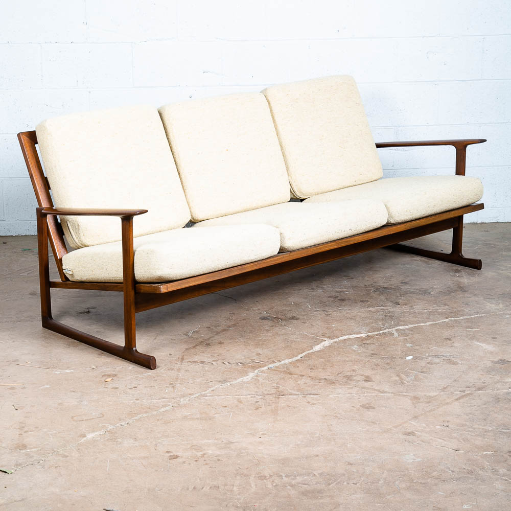 Mid Century Danish Modern Sofa Couch Ib Kofod Larsen White Arm Selig Sled 3 Seat
