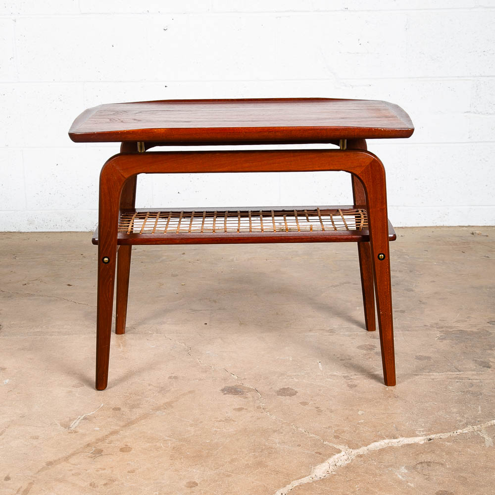 Mid Century Danish Modern End Side Table Arne Hovmand Olsen Teak Cane Shelf Mcm - Image 7