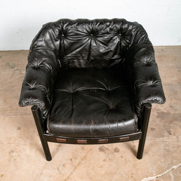 Mid Century Danish Modern Lounge Chair Black Leather Arne Norell Oak Armchair VG - Image 8
