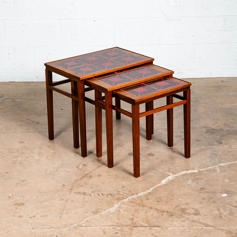 Mid Century Danish Modern Nesting Tables Rosewood Ceramic Tile Red Black Set 3 - Image 12