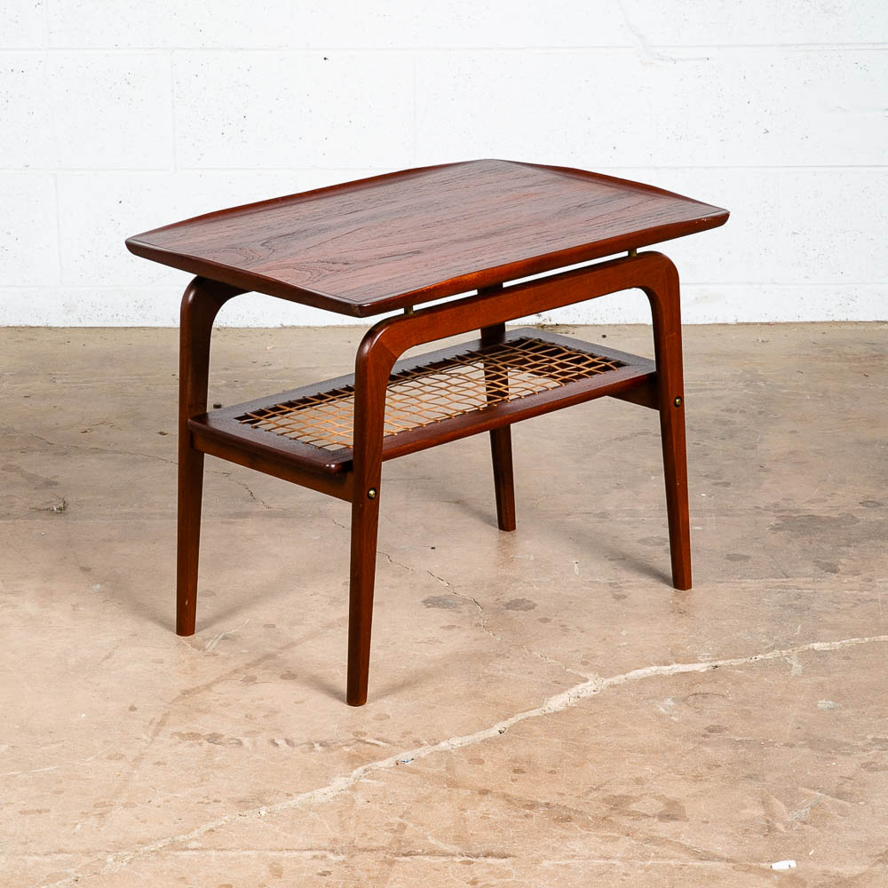Mid Century Danish Modern End Side Table Arne Hovmand Olsen Teak Cane Shelf Mcm