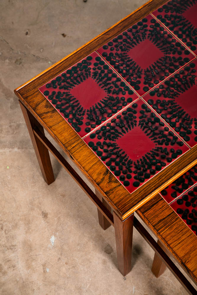 Mid Century Danish Modern Nesting Tables Rosewood Ceramic Tile Red Black Set 3 - Image 8