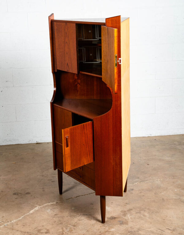 Mid Century Danish Modern Corner Cabinet Teak Wood Bar Denmark Drawers Locking Cocktail Storage - Image 4